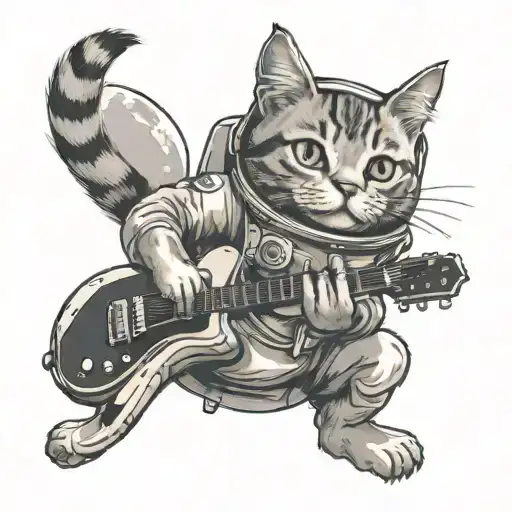 A Cat Astronaut Floating In Space With A Guitar
