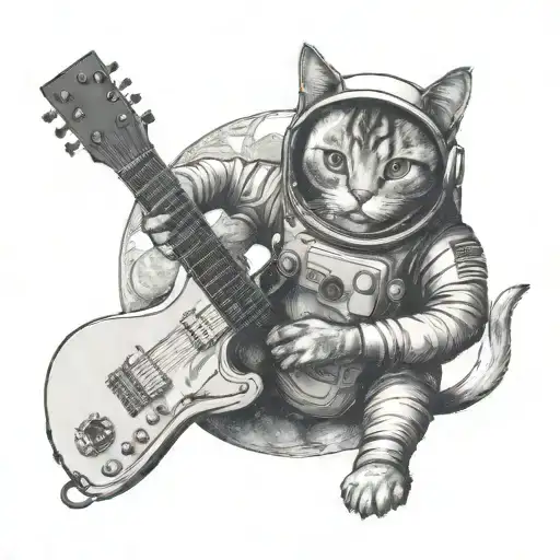 A Cat Astronaut Floating In Space With A Guitar