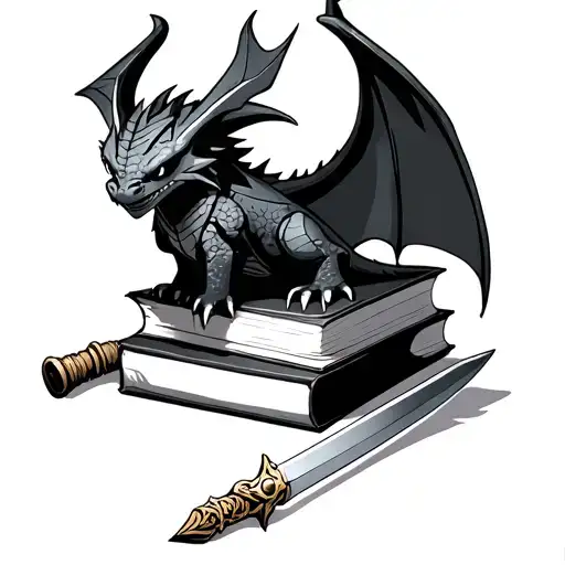 Toothless Dragon On Top A Stack Of Books With A Sword And A Wand Resting At The Bottom