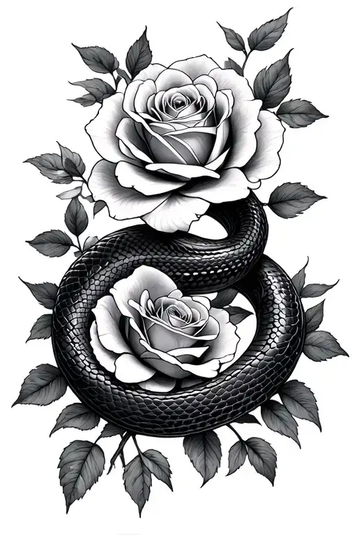 Snake Coiled With Roses Blooming