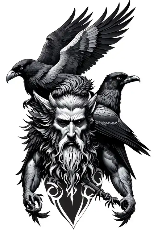 Odin With Two Ravens At His Chest And Fenrir Above