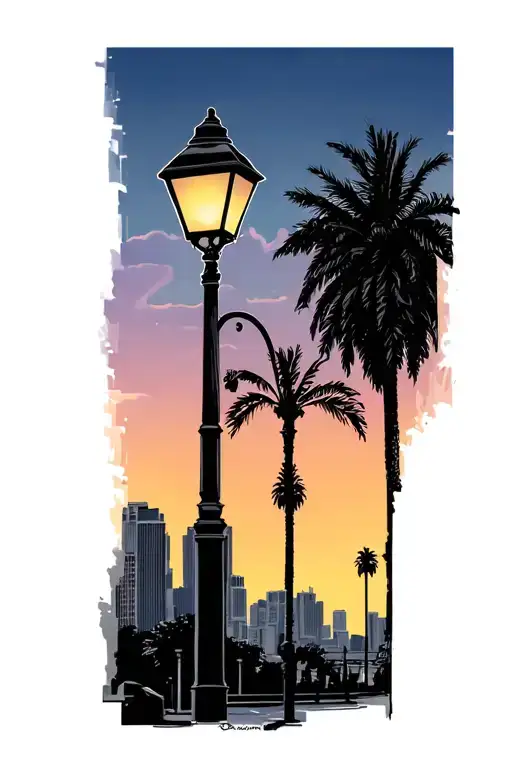 Los Angeles City Street Lamp Next To Palm Trees Looking Over The City At Sunset