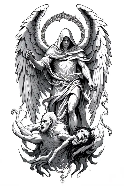 Hooded Arch Angel Defeating A Demon