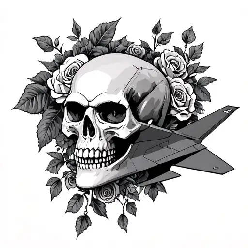 Surgar Skull With F22 Raptor Fighter Jet Incorporated In Rose Vines