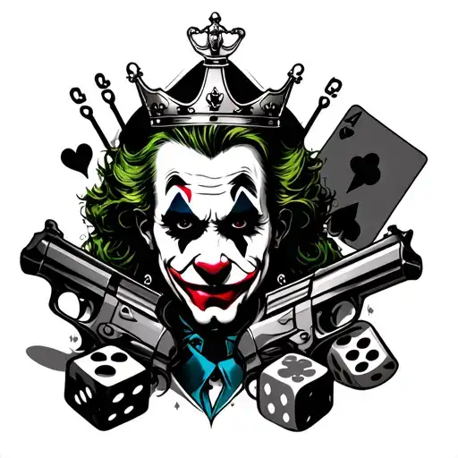 Joker Clown Face With A Crown And Cards And Guns And Dices All Black