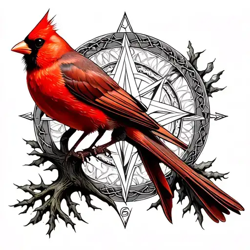 Red Cardinal Perched On A Celtic Tree Of Life With Viking Compass Markings