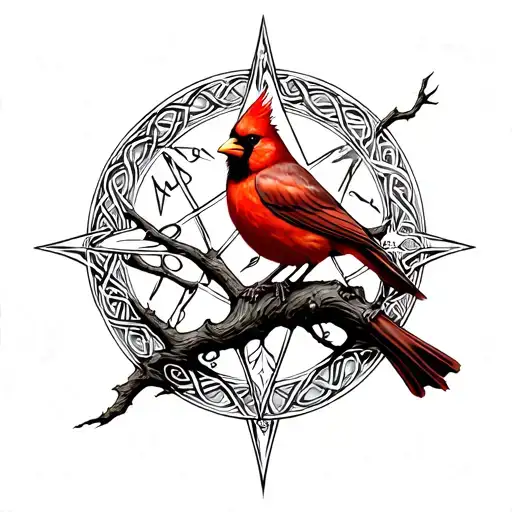 Red Cardinal Perched On A Celtic Tree Of Life With Viking Compass Markings
