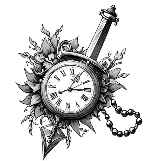Sword Tattoo With Pocket Watch And Rosary