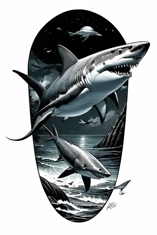 Beach And Sharks Swimming