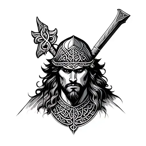 A Black And Grey Portrait Of A Celtic Warrior Adorned With Traditional Scottish Symbols And Patterns