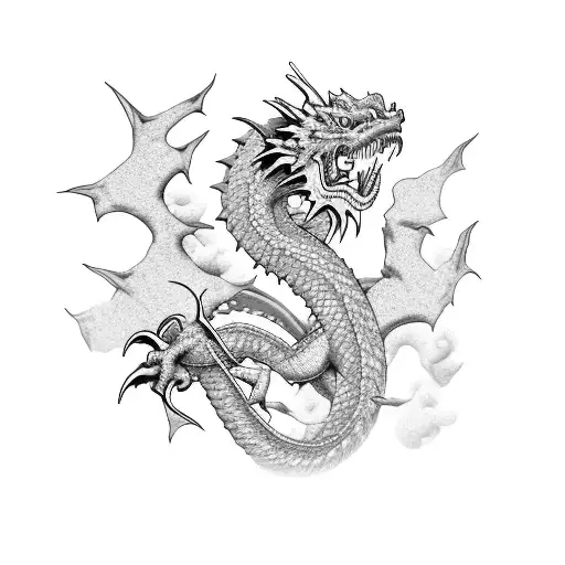 Japan Dragon With Sakura Flowers