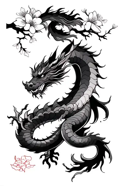 Japanese Dragon And Japanese Cherry Blossom