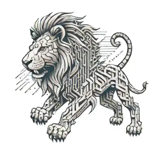 A Lion Roaring Amidst A Digital Landscape Of Binary Code And Electronic Components