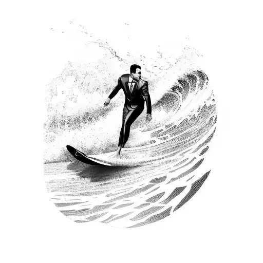 A Business Suit-clad Figure Surfing A Wave In Front Of The California Coastline