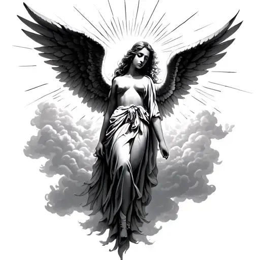 Female Angel Looking Down In Clouds And Rays Radiating