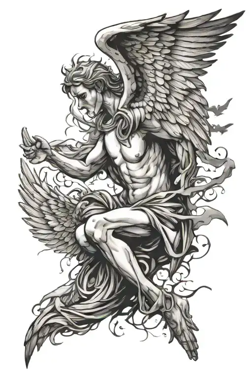 The Fallen Angel With Shadows Around And Some White Birds Flying Around Him