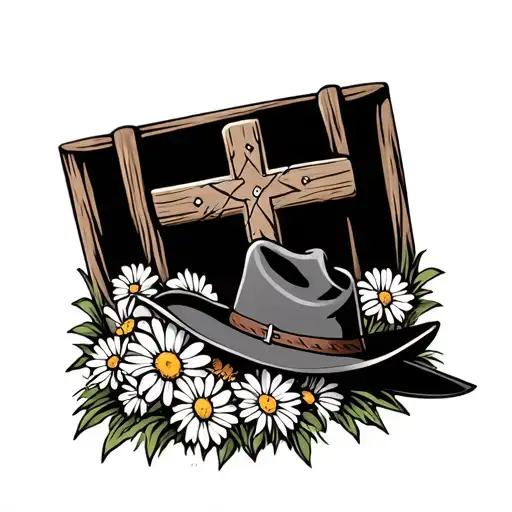 A Wooden Cross With Daisies At The Bottom And A Cowboy Hat Leaning On The Base