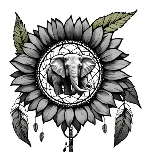 A Sunflower Designed With A Dreamcatcher And A Elephant In The Middle Of The Dreamcatcher