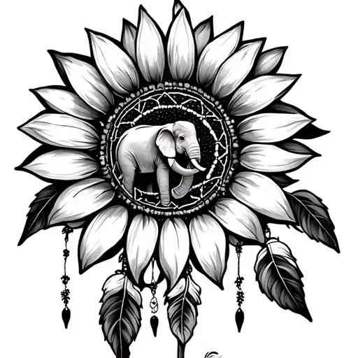 A Sunflower Designed With A Dreamcatcher And A Elephant In The Middle Of The Dreamcatcher