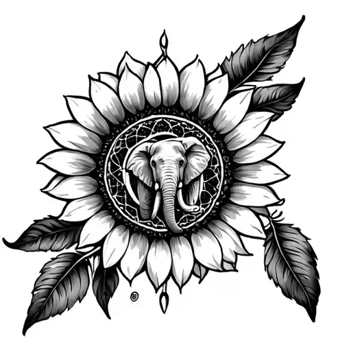 A Sunflower Designed With A Dreamcatcher And A Elephant In The Middle Of The Dreamcatcher