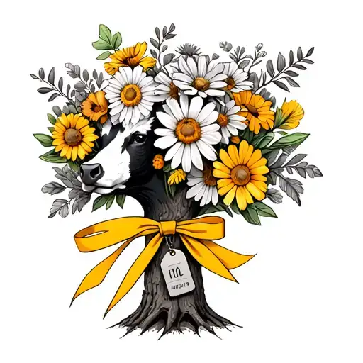Wildflower Bouquet With A Cow Tag And Oak Tree With Yellow Ribbon Tied Around The Trunk