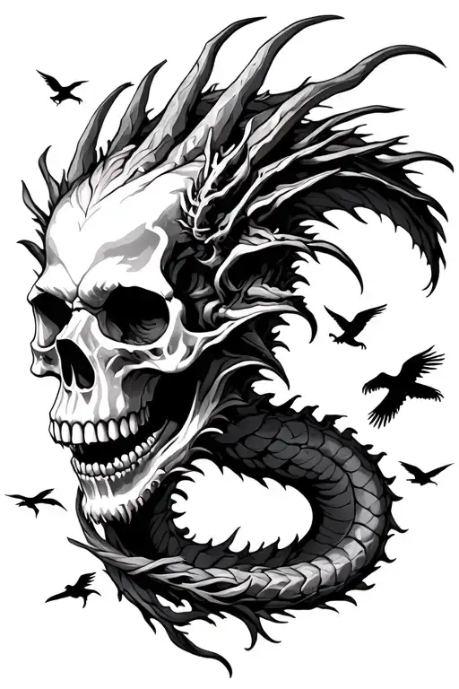 Skull With Dragon Going Thru It With Birds In Distance