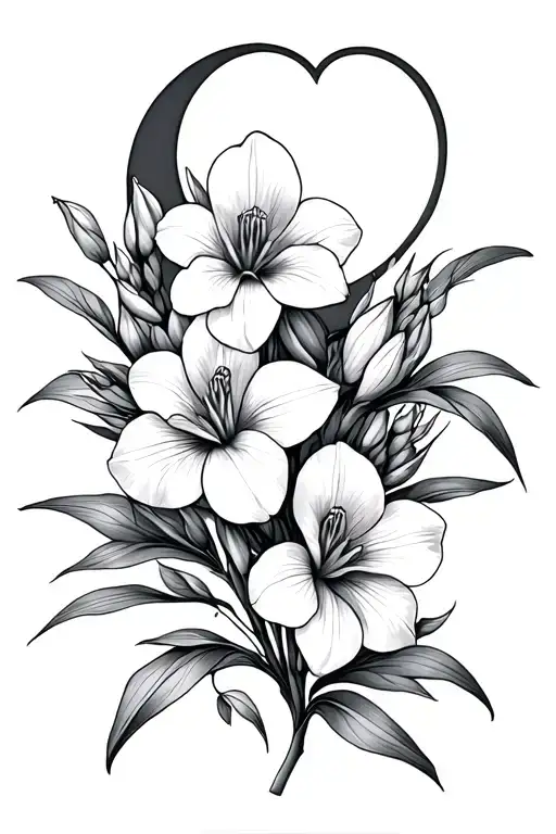 Freesia Flowers With A Thin Lined Heart And Waning Crescent Moon