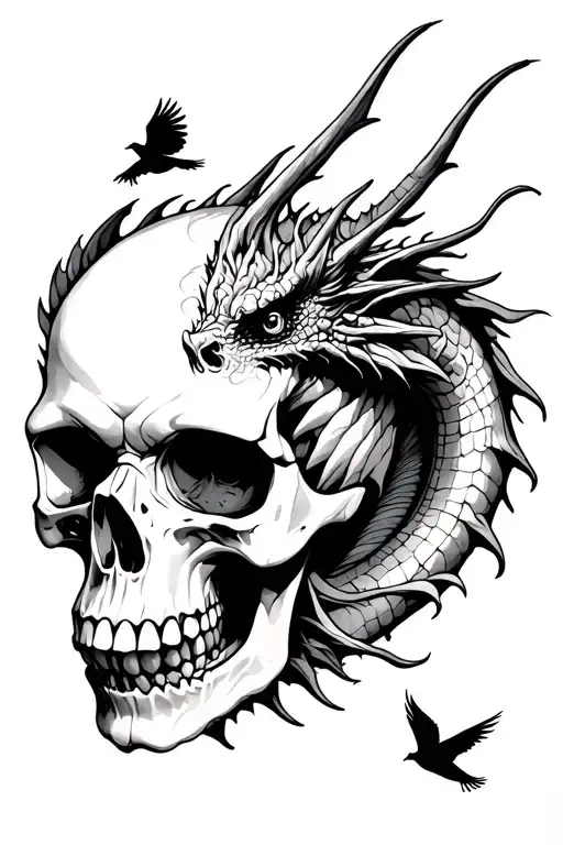 Skull With Dragon Going Thru Eye With Birds In Distance