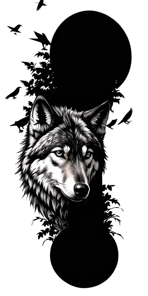 Wolf Staring Through The Bushes With Crows
