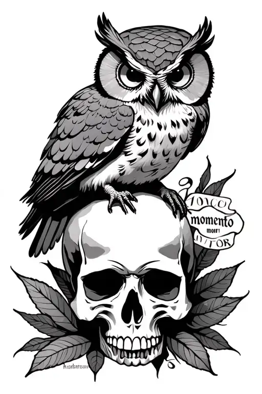 Owl Perched On Top Of A Skull With The Words Momento Mori