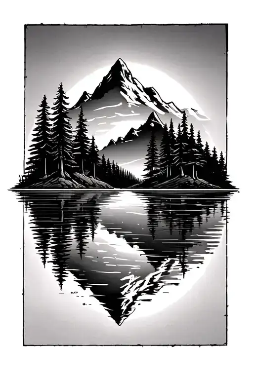Mountain With Trees And A Sunset Reflecting With Water