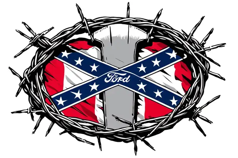 Ford Symbol Wrapped In Barbed Wire With A Confederate Flag In The Middle