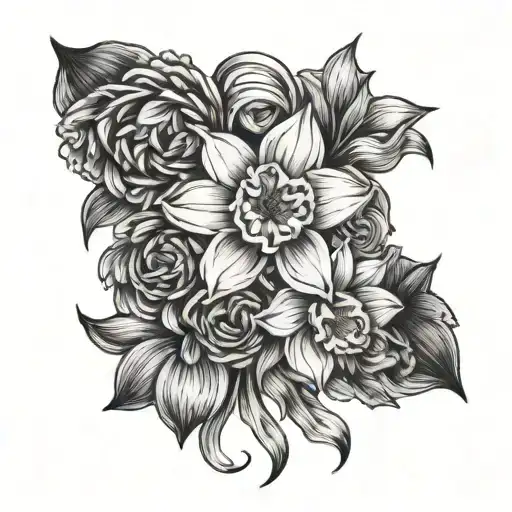 Daffodil Rose Marigold Chrysanthemum Tied Together Ribbon And Stems Standing Up