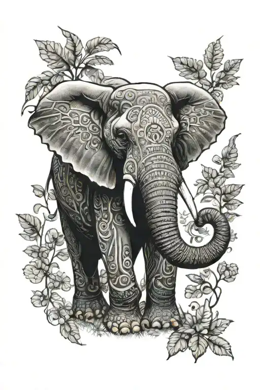 An Intricate Design Of A Tusker Elephant Surrounded By Lush Greenery