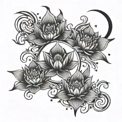 A Celestial Themed Tattoo With Moon Lotus And Star Accents