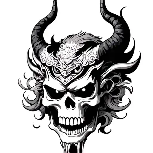 A Japaneses Demon Mask Is On Top And A Skull Is On The Bottom