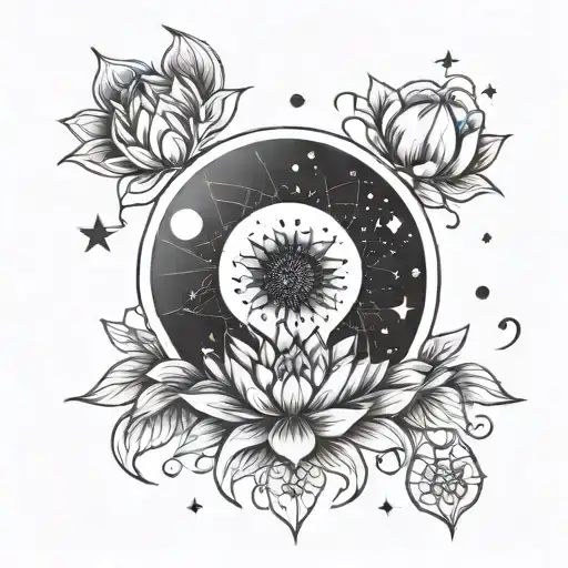 A Moon Phase Themed Tattoo With Moon Lotus And Star Accents