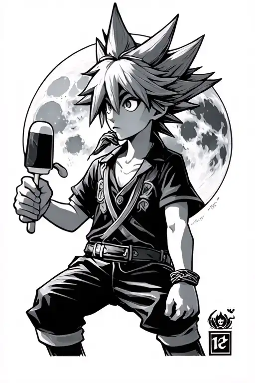 Sora From Kingdom Hearts Eating Popcicle With Full Moon