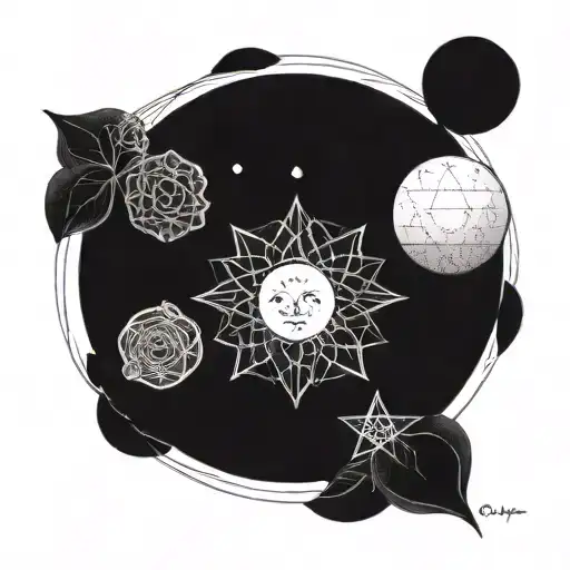 A Geometric With Linear Moon Phases Tattoo With Small Lotus And Star Accents