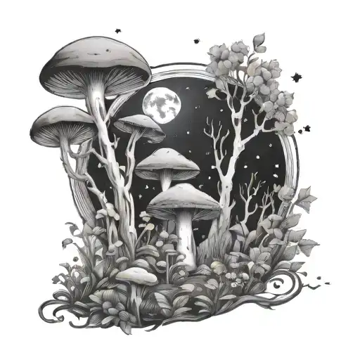 A Mystical Moonlit Forest With Mushrooms And Flowers Blooming Under The Stars