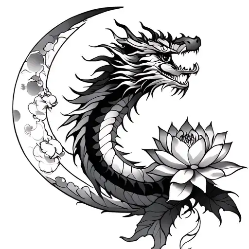 American Dragon With Lotus Flower And Moon