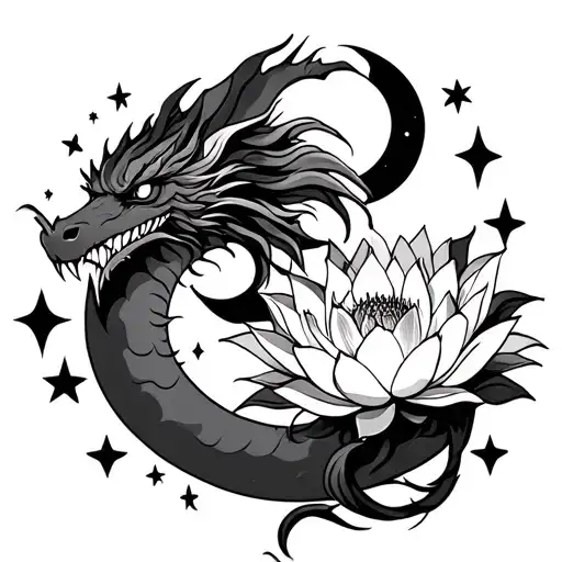 American Dragon With Lotus Flower And Moon Surrounded By Stars
