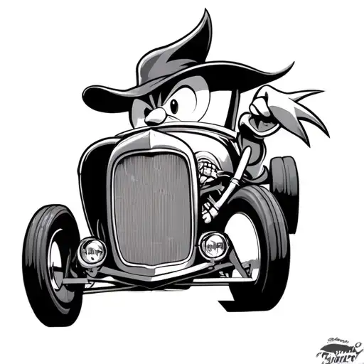 Woody Woodpecker Driving A Hot Rod Composition For Half Sleeve Black And Grey Tattoo Idea