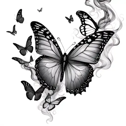 A Forerm Tattoo Of Different Types Of Butterflies Fluttering With Smoke All Around The Forearm