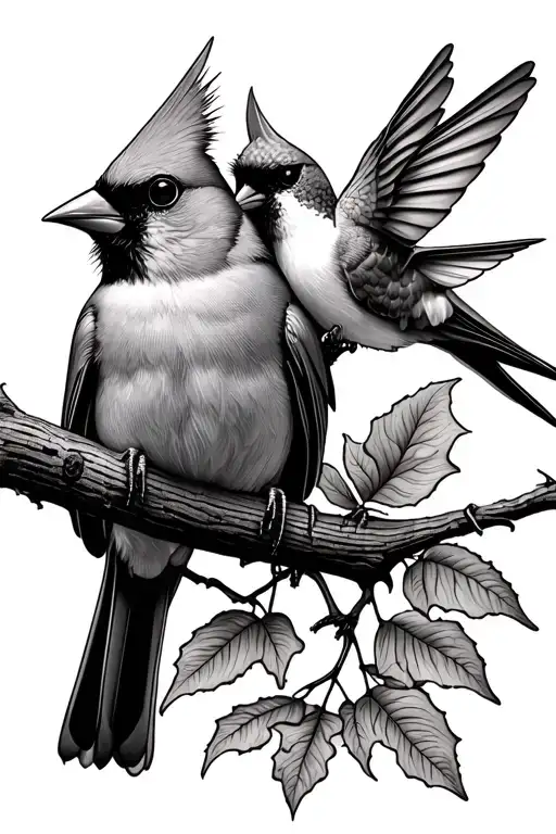 Red Cardinal And Hummingbird Sitting Together