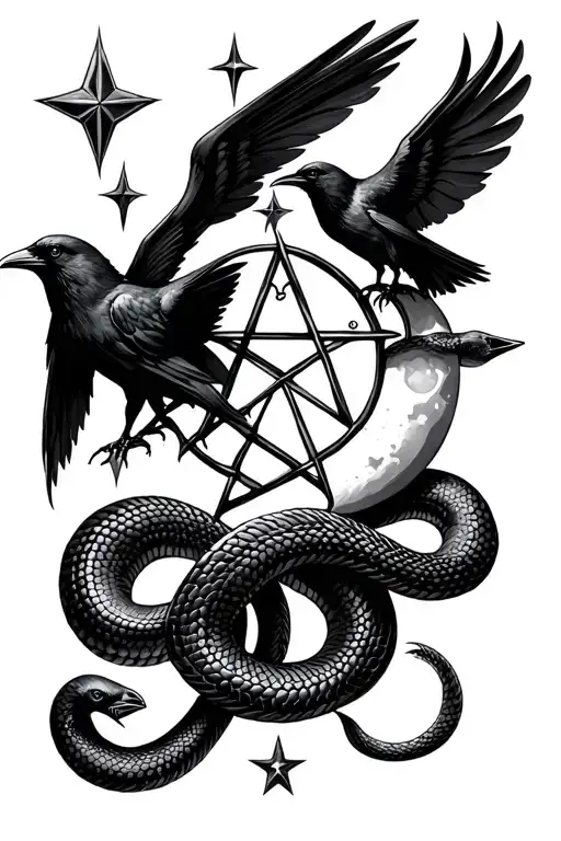 Pentagram With Moon Stars Crow And Snake Coiled