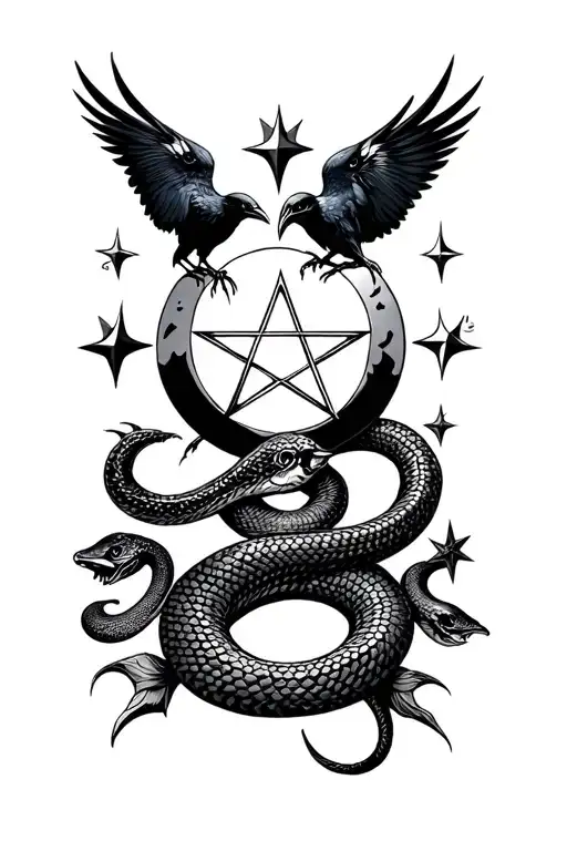 Pentagram With Moon Stars Crow And Snake Coiled Snake Wrapped