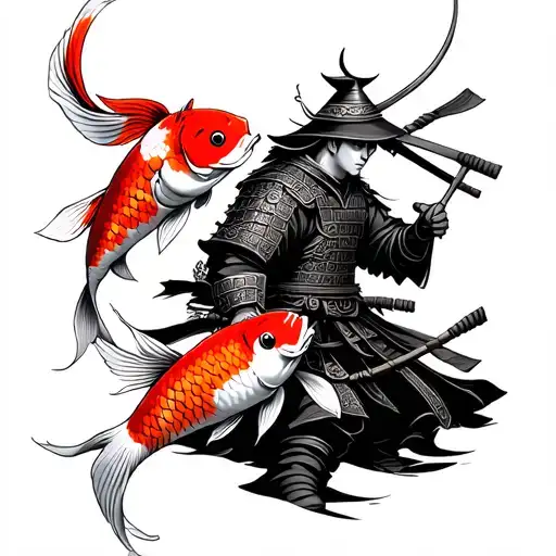 Japanese Koi Fish And Samurai Warrior Holding