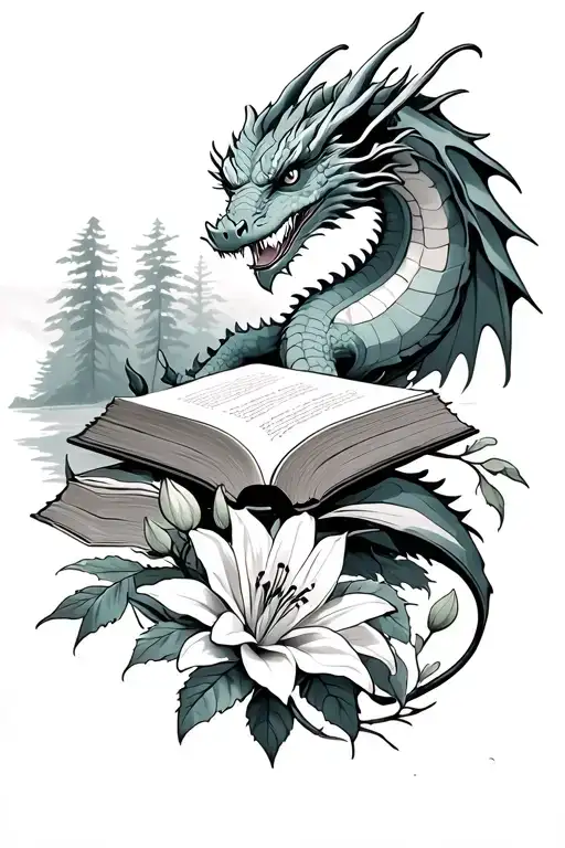 Dragon With Book Surrounded By Lily Flower And Forest