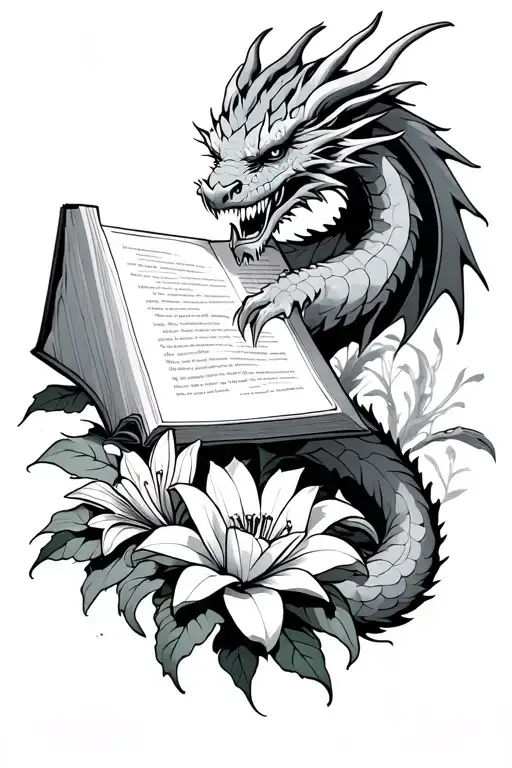 Viking Dragon With Book Surrounded By Lily Flower And Forest